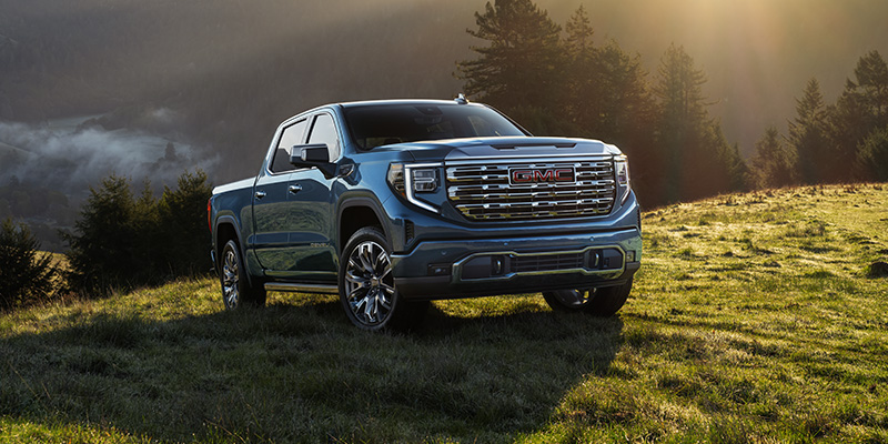Front-three-quarter view of a dark metallic blue GMC Sierra Denali pickup truck parked on a grassy hillside at sunrise with mist and pine trees in the background.