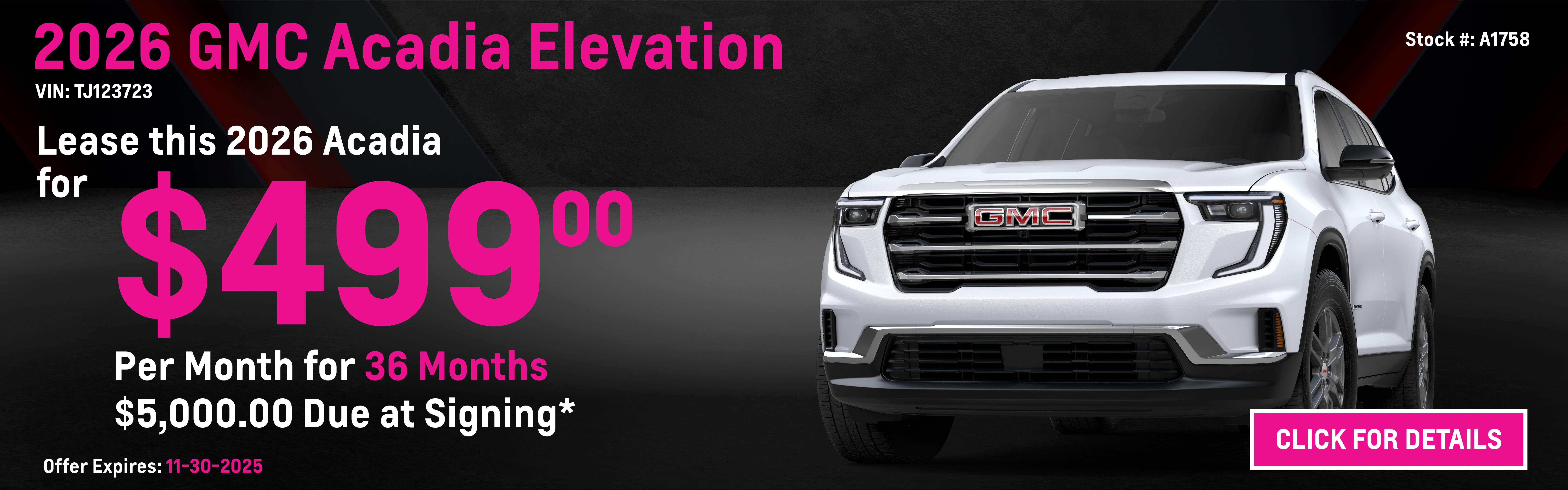 2026 GMC Acadia Elevation Lease Special: $499 per month