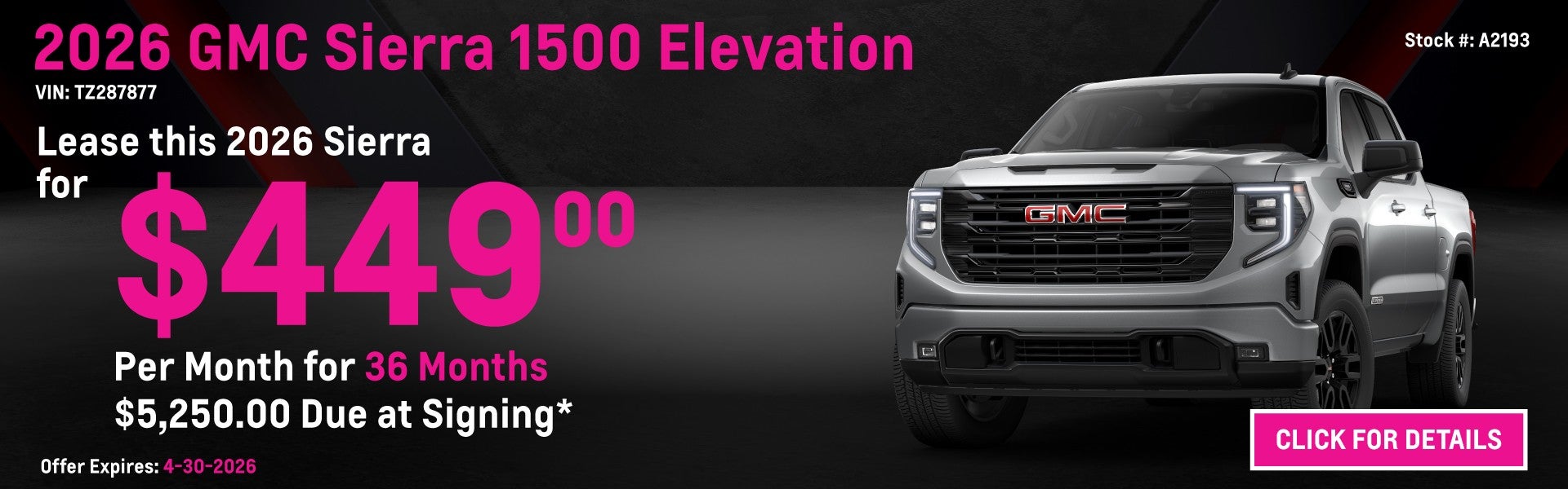 2026 GMC Sierra 1500 Elevation Lease Special: $449 per month